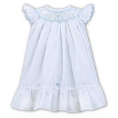Sarah Louise Girls White with Blue A-Line Smocked Neckline Dress
